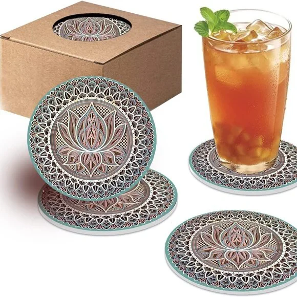 Mandala Coasters for Drinks, Absorbent Ceramic Stone Coasters Set of 4 Cork Base